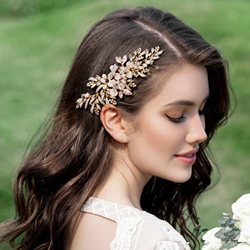 SWEETV Handmade Wedding Hair Comb Clip Rhinestone Bridal Hair Comb Piece, Gold Hair Accessories for Brides Wedding - color: 1.Gold