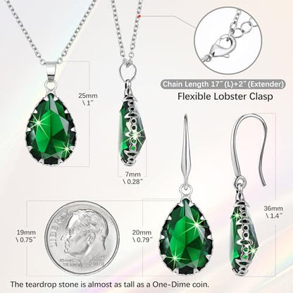 Linawe Crystal Jewelry Sets for Women, Imitation Diamond Pendant Necklace, Rhinestone Drop Dangle Earrings, Birthstone Cubic Zirconia Matching Wedding Jewelry, 14K Gold/Rose Gold/Silver Tones - color: Silver,Emerald,May
