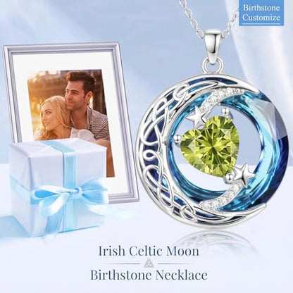 Birthstone Necklace for Women Crystal Moon and Star Pendant White Gold Celtic Moon Jewelry Birthday Graduation Gifts for Wife Her - style: Moon-8