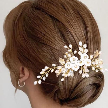 Gold Silver Flower Bride Wedding Hair Comb Pearl Bridal Side Comb Crystal Hair Piece Leaf Hair Accessories for Women and Girls - color: T- Gold