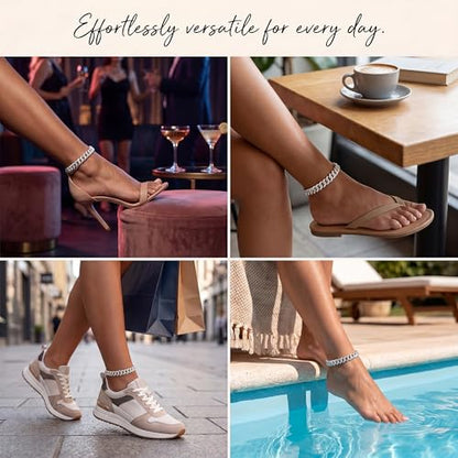 Width-12mm Chunky Cuban Link Ankle Bracelets for Women Waterproof, 18K Gold/Silver Plated Anklets Cubic Zirconia Adjustable Thick Chain Trendy Beach Summer Fashion Jewelry Gift - style: Style 2-Silver