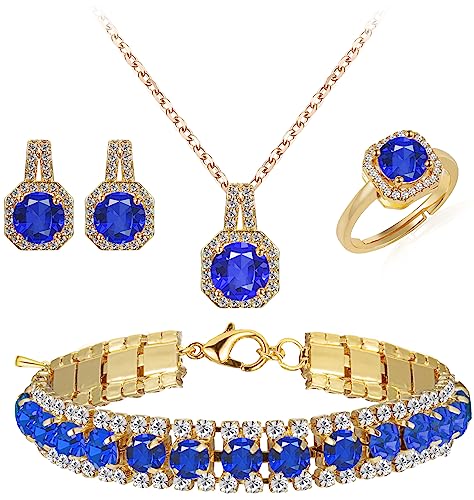 Paxuan 4pcs Cubic Zirconia Wedding Jewelry Sets for Bride Bridesmaid Cubic Zirconia Pendant Necklace Earrings Link Tennis Bracelet Open Ring Set for Women - color: Gold Plated Sapphire Cubic Zirconia