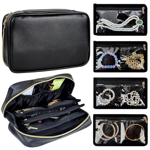 Travel Jewelry Organizer Case,Small Jewelry Bags for Traveling, Jewelry Case with 14 Pcs Clear Zipper Velvet Pockets for Storing Earrings, Rings, Necklace, Bracelet, Watch - color: Black