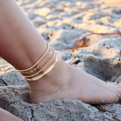 Gold Ankle Bracelets for Women,Dainty 14K Gold Plated Anklets for Women Waterproof Herringbone Beaded Satellite Anklets Set Layered Anklet Bracelets for Women Gold Jewelry Gift - color: Set 5