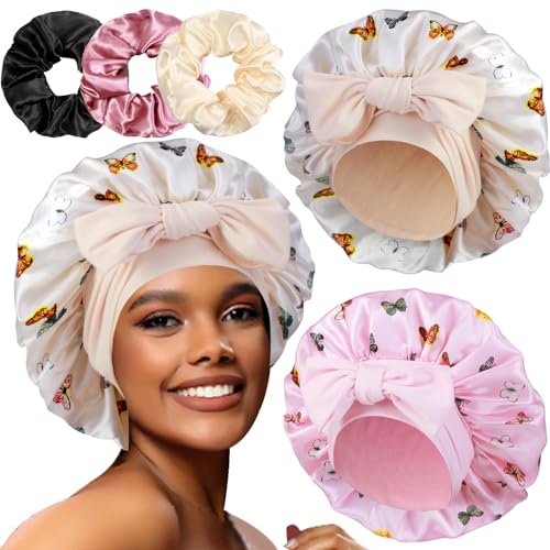 2+3 Large Satin Bonnets with Scrunchies for Women, Hair Bonnet Sleeping Tie Bonnet for Braids Curly Hair - color: H -White Butterfly, Pink Butterfly