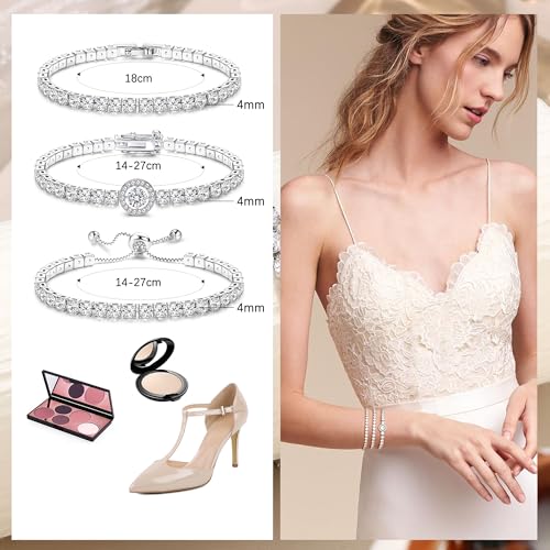 YADOCA 3Pcs Silver Tennis Bracelets For Women Diamond Bracelets Jewelry | Silver Bracelet Stack Cubic Zirconia CZ Adjustable Stackable Bracelets Set For Prom Wedding Gift - style: D:Round CZ-2