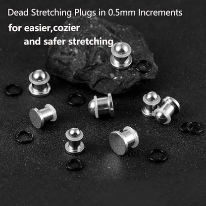 Casvort 22 PCS/16 PCS Hypoallergenic 18G-1'' Comfy Dead Stretching Plugs in 0.5mm Increments Saddle Plugs with Rubber Rings 316 Surgical Stainless Steel Crazy Ear Gauges Body Piercing Jewelry - color: Silver 6.5-10mm 16 PCS