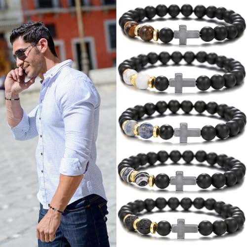Beaded Bracelets Cross Bracelet for Women Men Lava Rock Turquoise Tiger Eye Natural Bracelet Anxiety Healing - color: 10 Pcs- black Hematite cross A