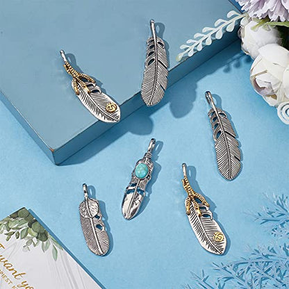 GORGECRAFT 1 Box 8PCS Silver Golden Alloy Big Feather Turquoise Pendant Stainless Steel Silver Feather Charms Necklace Feather Dangle Antique Charms for DIY Key Chain Jewelry Making Findings - style: 8PCS 4 Styles