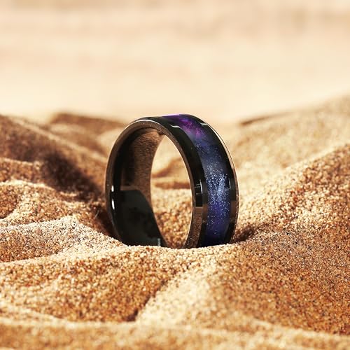 King Will Mens Galaxy Tungsten Wedding Band | 6mm/8mm, Beveled Edge, Comfort Fit, Durable, Sandstone Opal Inlay Polished, Everyday Wear - color: Black&Purple&Blue