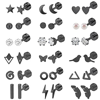 MJust 18 Pairs Earrings Set – Flat Back Stud Hypoallergenic 20G Steel stud | 18 Pairs Flat Back Earrings Set – Hypoallergenic 316L Steel Studs for Cartilage & Lobe Piercings - color: Black