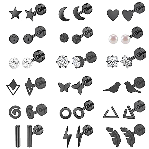 MJust 18 Pairs Earrings Set – Flat Back Stud Hypoallergenic 20G Steel stud | 18 Pairs Flat Back Earrings Set – Hypoallergenic 316L Steel Studs for Cartilage & Lobe Piercings - color: Black