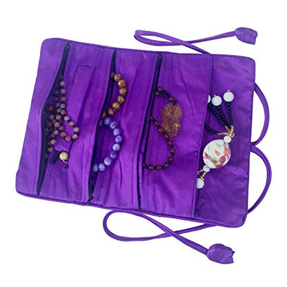 Travel Jewelry Roll Bag - Silk Embroidered Brocade Pouch for Rings, Necklaces, Earrings, Bracelets | Lightweight & Tie Closure (Dark Purple) - color: Dark Purple