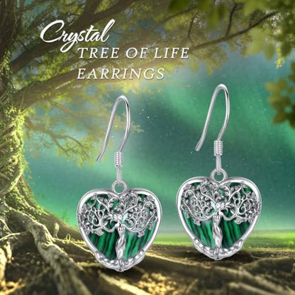 AEONSLOVE Tree of Life Crystal Earrings with Sterling Silver Ear Hooks, Dangle Drop Tree Earrings Gifts for Women - style: A01-Malachite-Heart