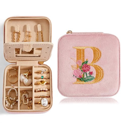 Smileshe Personalized Gifts for Mom Mothers Day, Birthday, Graduation Gift for Girls Fashion, Travel for Teen Girls Trendy Stuff, Velvet Jewelry Box with Flower, Letter B, Pink - color: PlushVelvet Pink-B