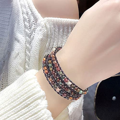 Genuine Stone Wrap Bracelets for Women Natural Crystal Beaded Wrap Bracelet 2/3/5 Adjustable Bohemian Bracelets Jewelry Gifts for Women Mom - color: picasso(3 wraps)