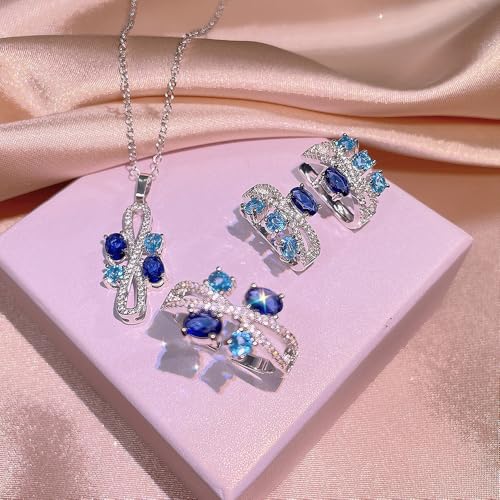 Elegant Jewelry Set Necklace for Women，Adjustable Dainty Cubic Zirconia Trendy Choker Pendant Necklace+Earrings+Ring, Mother's Day Valentine's Day Gifts Pendant Set for Women 3PCS - color: Blue silver