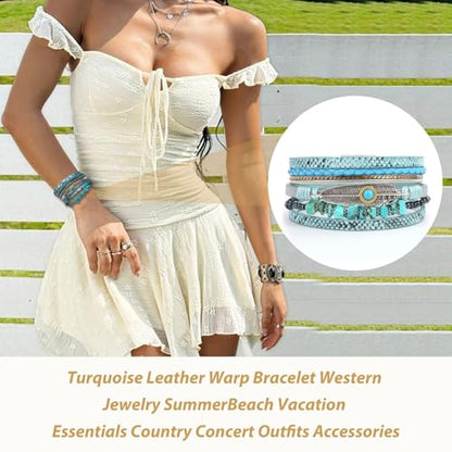 Long tiantian Boho Western Bracelets for Women Leather Wrap Bracelets Turquoise Bracelet Western Jewelry Country Concert Outfits - color: A4:blue