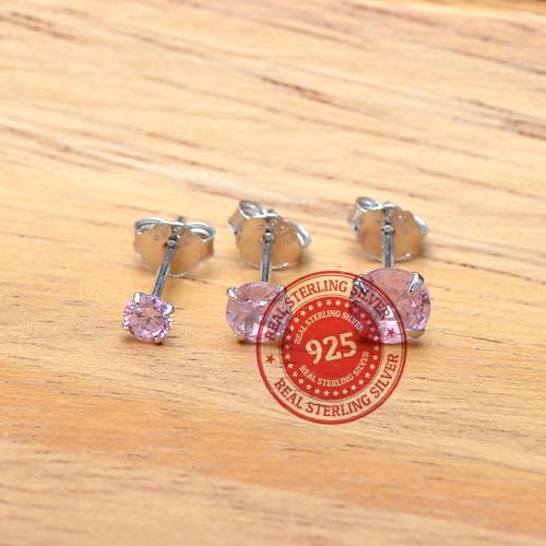 3 Pairs Color Zirconia Earrings Studs, Sterling Silver Studs Earrings Set 3MM 4MM 5MM - color: Pink