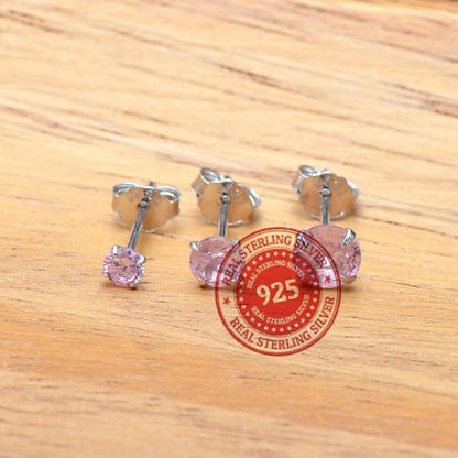 3 Pairs Color Zirconia Earrings Studs, Sterling Silver Studs Earrings Set 3MM 4MM 5MM - color: Pink