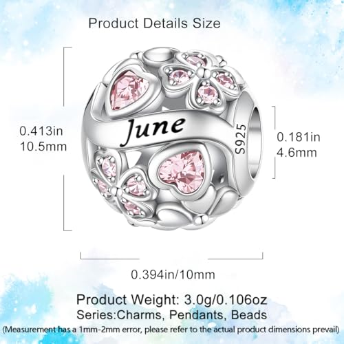 HappyStar 925 Sterling Silver Four Leaf Clover Bead Charm with Cubic Zirconia Birthstone Charms for Bracelets Dangle Pendant Compatible Pandora Bracelets Lucky Charm Birthday Gift - color: 6-June Birthstone Bead
