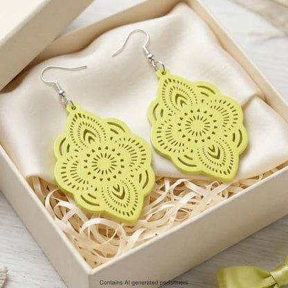 Boho Black Filigree Dangle Earrings for Women, Lightweight Hollow Lace Drop, Wood, 3.34" x 1.69", Bohemian Jewelry - color: Light Green