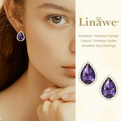 Linawe Women Stud Earrings, Teardrop Diamond Moissanite Cubic Zirconia Earrings Studs Rhinestone Jewelry Gold/Silver/Rose Gold - color: Gold,Feb