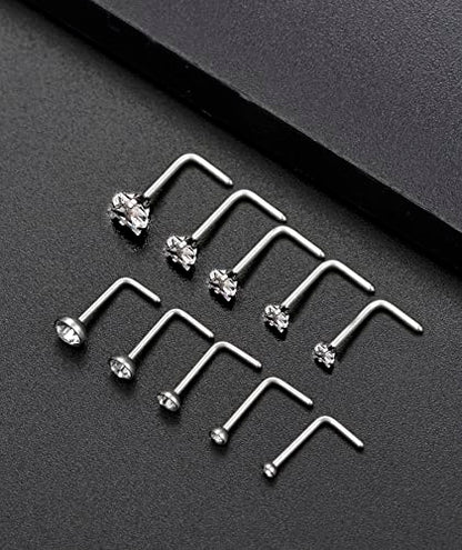 20G 10Pcs Stainless Steel L Screw Bone Shaped Nose Studs Rings Square Round CZ Nose Ring Labret Nose Piercing Jewelry for Men Women Silver Tone 1.5mm-2mm-2.5mm-3mm-3.5mm CZ - style: H:(10Pcs,Square+Round CZ)