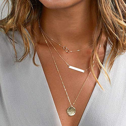 Turandoss Dainty Layered Choker Necklace, Handmade Y Pendant Necklace Multilayer Bar Disc Necklace Adjustable Layering Choker Necklaces for Women - style: "3PCS - Two Circles&Bar&Hammered Disc