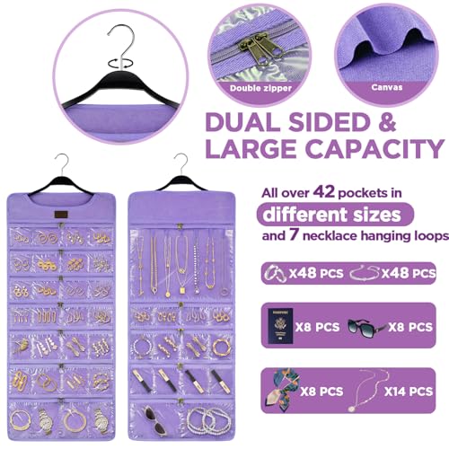 SMRITI Hanging Jewelry Organizer with Dual Zippered Pockets Canvas Double Sided Rotating Hanger Necklace Hanging Wall Organizer Earring Dustproof Holder Wall Mount Accessories Display Bag(Purple) - color: Purple