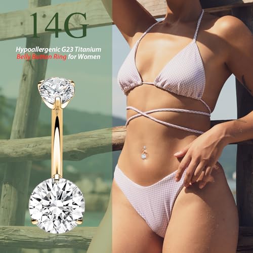 FUNLMO 14G Belly Button Ring Titanium Belly Button Piercing Belly Ring Internally Threaded Navel Piercing Jewelry - color: Gold-Clear CZ