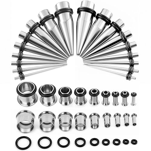 BodyJ4You 36PC Ear Stretching Kit - Complete Beginner Set 14G-00G | Gauges for Ears Stainless Steel Tapers Single Flare Plugs Tunnels - Dead Stretching Lobe Men Women Expander - color: Silvertone, Single Flare