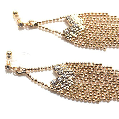 Dangle Silver Invisible Clip On Earrings for Women Not Pierced Gold Crystal Rhinestone Comfortable Hoop Fringe Long Chain Clip On Earrings - color: Fringe Gold 1