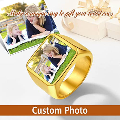 FindChic Customized Signet Photo Rings Square/Heart/Round Chunky Band Ring Stainless Steel/18K Gold Plated/Black Size 7 to 14 Personalized Jewelry for Men Women, Send Gift Box - color: 01. square-no stones (gold)