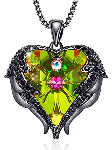 CDE Angel Wings Heart Birthstone Pendant Necklace Gift for Women | Silver/Gold Tone,Ideal Birthday & Anniversary Jewelry Gift for Wife,Girlfriend,Her - color: Black-Colorful Zircon Birthstone