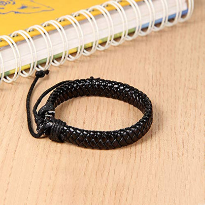 Flongo 2PCS Men's Womens Braided Black & Brown Leather Rope Woven Wrap Surfer Cuff Bracelets Set, Fit 7.6-10.6 inch Wrist