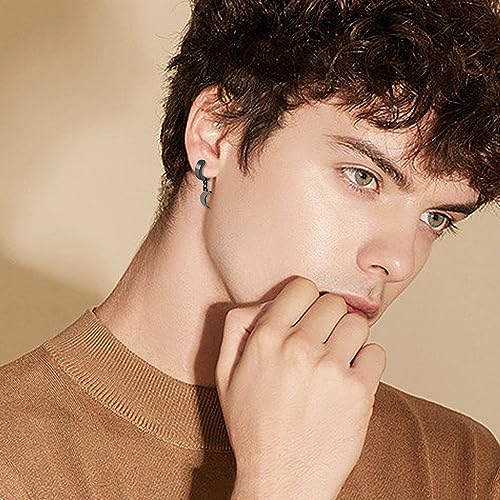Black Hinged Earrings Hoop-Clip On Moon Dangle Hoops-Stainless Steel Punk Earrings Jewelry for Women Men - color: 3 Pairs