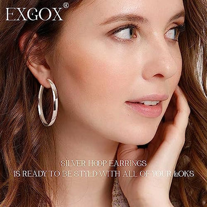 EXGOX 5mm Wide Gold Hoop Earrings for Women,Sterling Silver Hoop Earrings Large Silver Hoop Earrings Hypoallergenic Lightweight 14K Real Gold Plated Big Hoop Earrings for Women 30/40/50/60/70mm - color: Silver Color/40MM