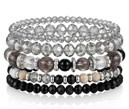 LOTSOF Boho Multilayer Beaded Bracelets Set for Women - Vintage Gold & Brown Stackable Stretch Bracelets, Bohemian Handmade Jewelry for Daily Style & Gifting - color: Black5pcs