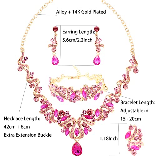 Jewelry Set for Women, Statement Necklace Dangle Earrings Bracelet Ring, White/KC Gold Plated Jewelry Set with Rhinestone Pearl Crystal Wedding Party Jewelry for Bridal Bridesmaid - color: Set001-Style2-Rose Red-Gold Plated