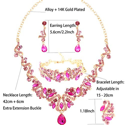 Jewelry Set for Women, Statement Necklace Dangle Earrings Bracelet Ring, White/KC Gold Plated Jewelry Set with Rhinestone Pearl Crystal Wedding Party Jewelry for Bridal Bridesmaid - color: Set001-Style2-Rose Red-Gold Plated