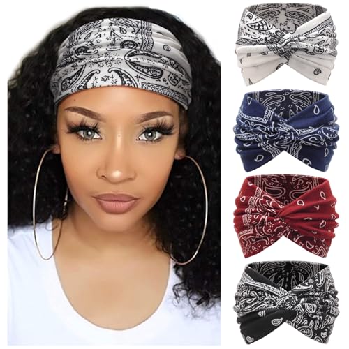 DRESHOW 4 Pack Turban Headbands for Women Wide Vintage Head Wraps Knotted Cute Hair Band Accessories - color: 4 Pcs Cashew Patterned: Black, White, Navy Blue, Burgundy