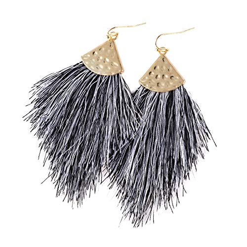 Bohemian Silky Thread Fan Fringe Tassel Statement Earrings - Lightweight Strand Feather Shape Dangles - color: Feather Fringe - Black Grey
