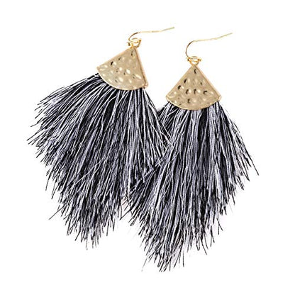 Bohemian Silky Thread Fan Fringe Tassel Statement Earrings - Lightweight Strand Feather Shape Dangles - color: Feather Fringe - Black Grey