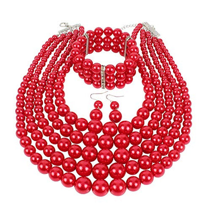 KOSMOS-LI Large Multi Layer Faux Pearl Strand Costume Jewelry Sets For Women Stocking Stuffers - color: red