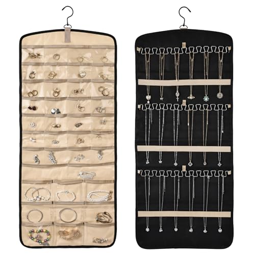 Hanging Jewelry Organizer Storage Roll with 39 Clear Pockets Double-Sided Foldable, Necklace Organizer Tangle Free, Travel Jewelry Holder for Earrings, Rings, Bracelets, Hanging on Closet, Wall, Door - size: Large