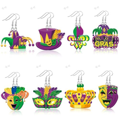 8 Pairs Mardi Gras Acrylic Earrings for Women | Mask Crown Fleur De Lis Earrings, Carnival Fat Tuesday Gifts Parade Party Accessory, Lightweight Acrylic, Double Sided - style: Mardi Gras Style A