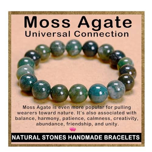 AD Beads Handmade Gemstone Stretch Elastic Bracelet Crystal Healing Reiki Nature's Beauty and Spiritual Essence Unisex (12mm, Moss Agate (Universal Connection)) - color: Moss Agate (Universal Connection), size: 12mm