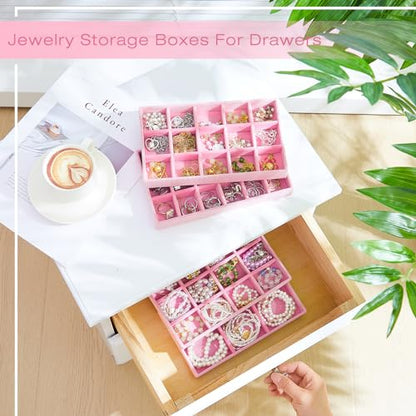 12 Pcs Jewelry Tray Velvet Stackable Jewelry Organizer Trays Divided Earring Accessories Storage Containers Box (Rose Red) - color: Pink