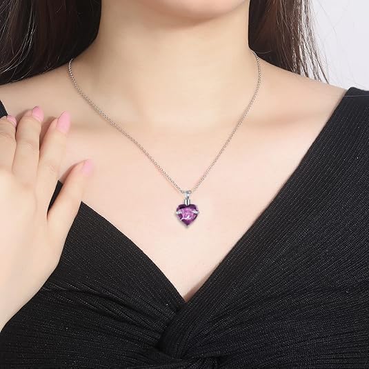 Q&D&S Crystal Urn Necklace for Ashes, Heart Birthstone Memorial Cremation gift Jewelry for Women - color: purple